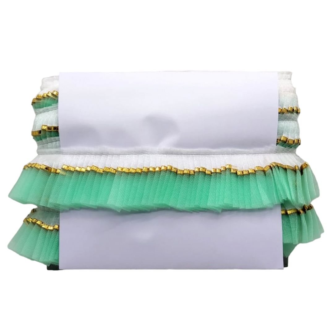 Green and gold ruffled clutch bag on a white background